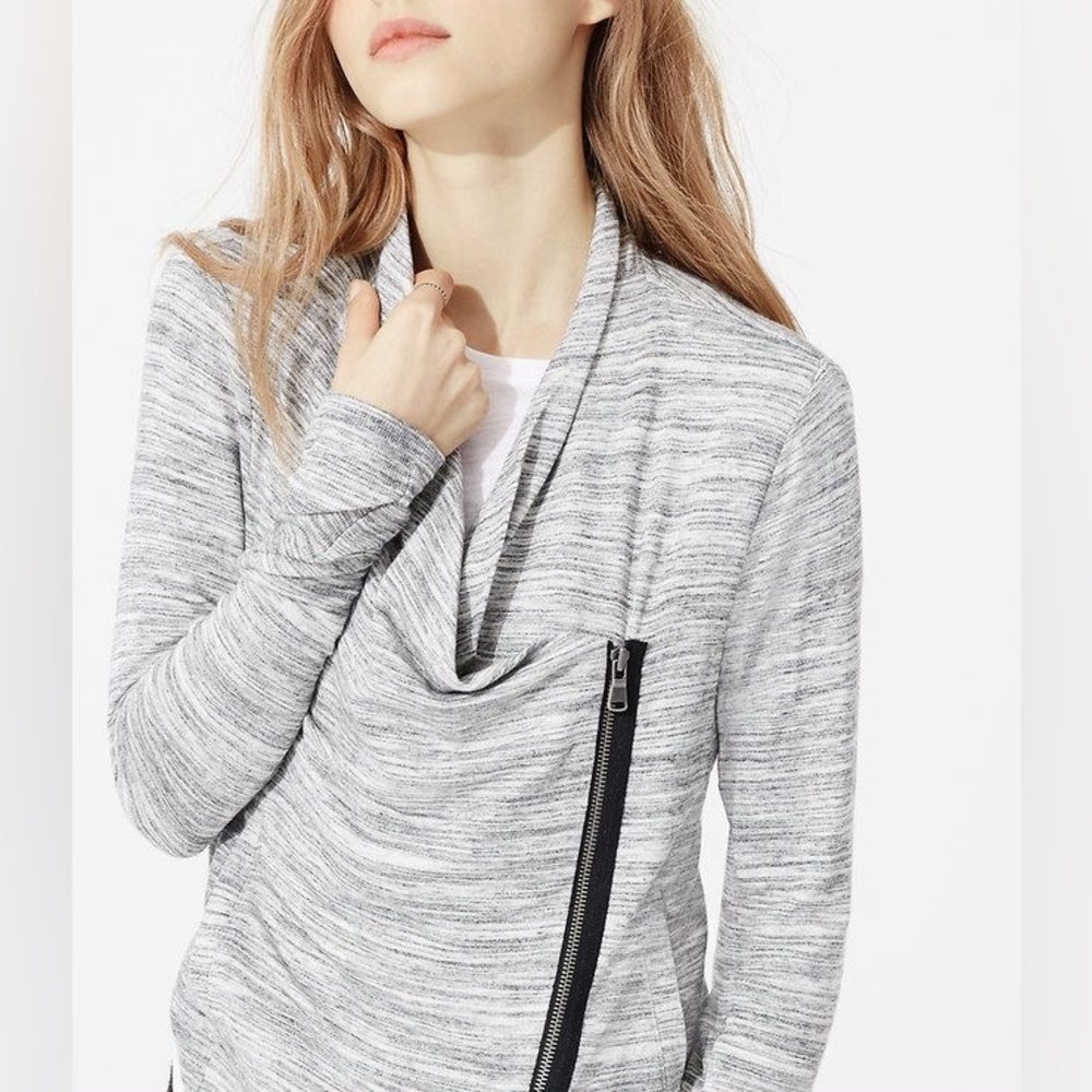Lou & Grey Signaturesoft Asymmetrical Moto Zip Knit Jacket Grey Spacedye Medium